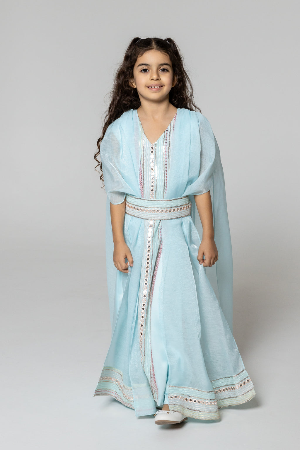 Kids Blue Embroidered Cape Kaftan