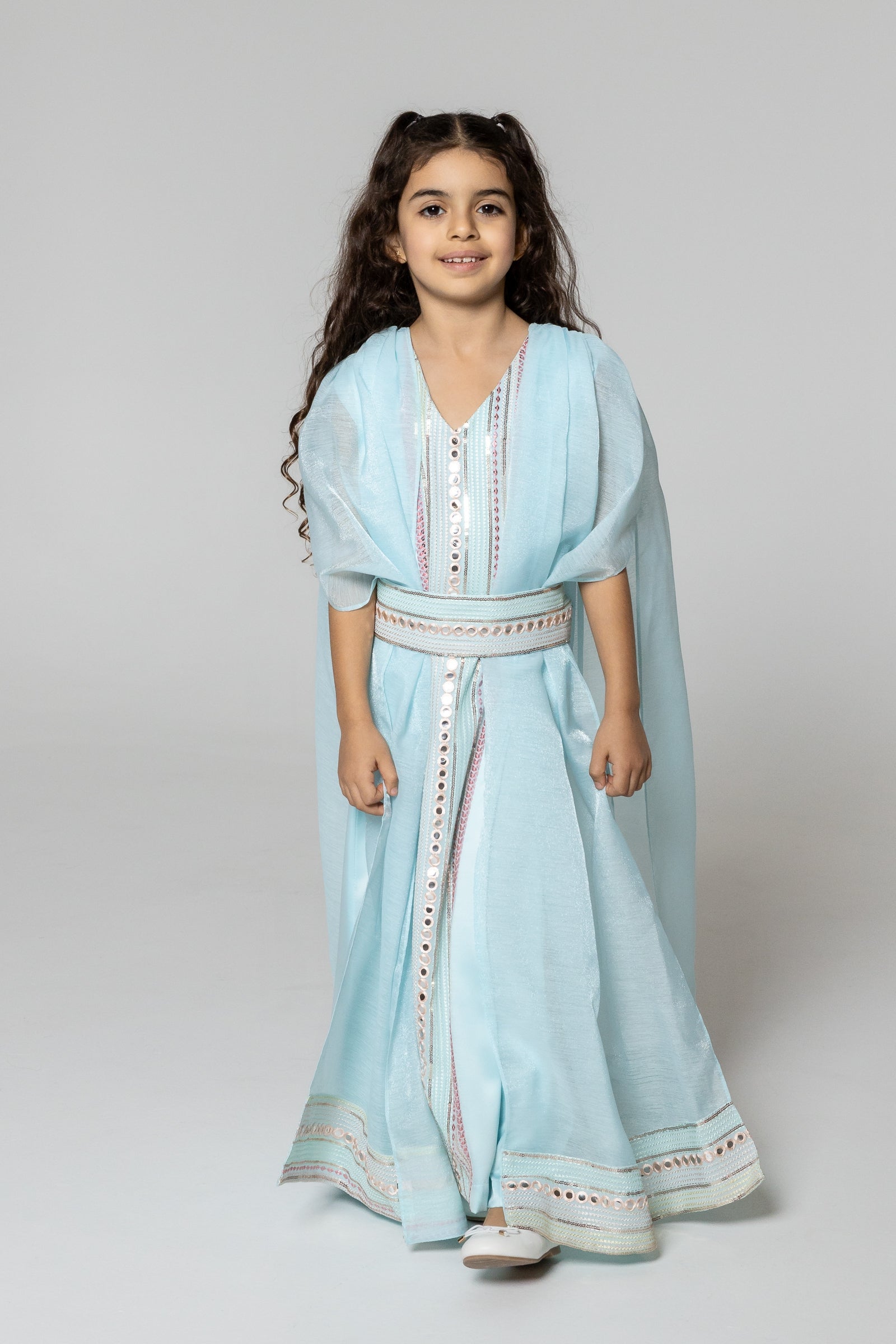 Kids Blue Embroidered Cape Kaftan