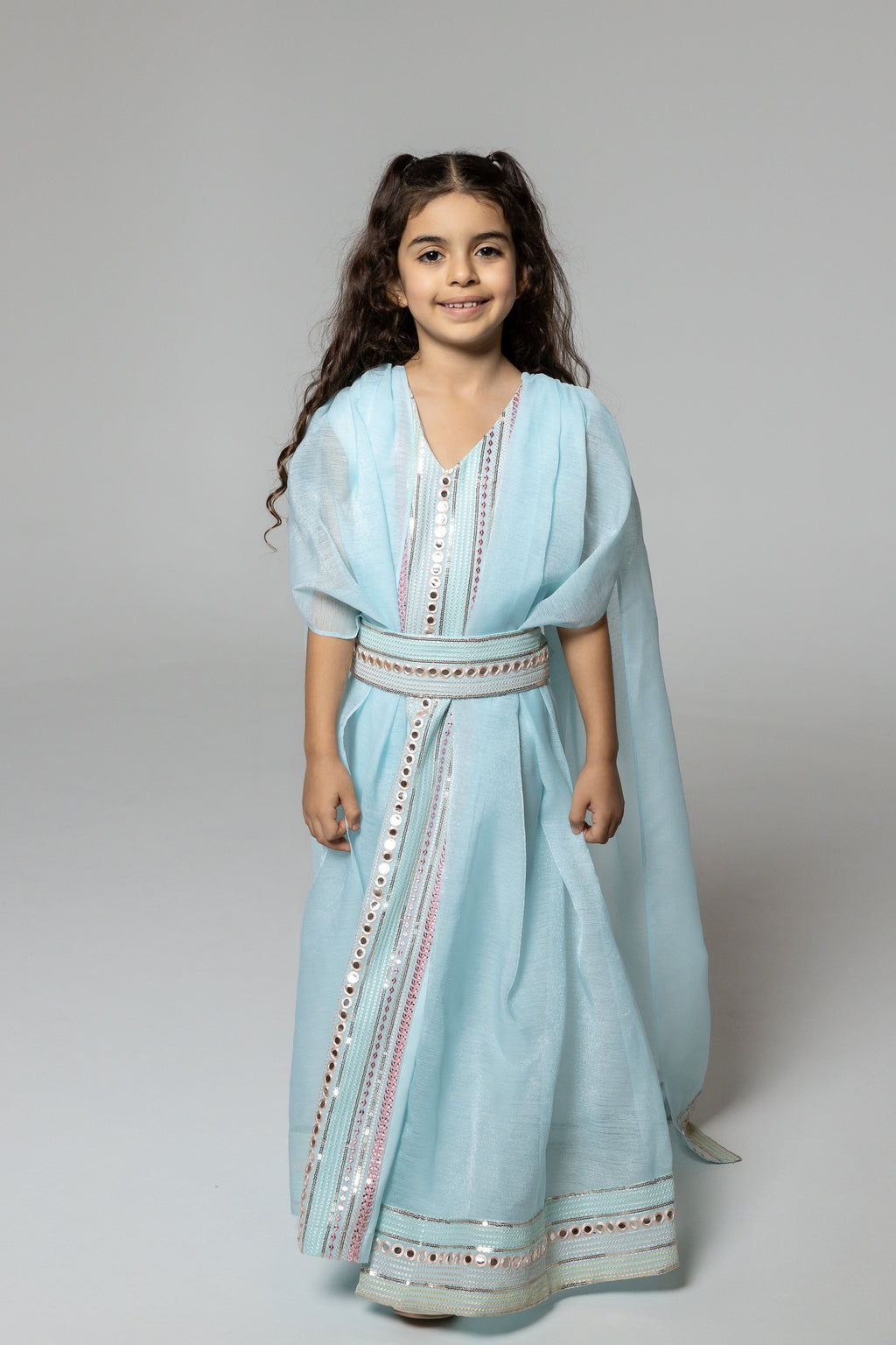 Kids Blue Embroidered Cape Kaftan