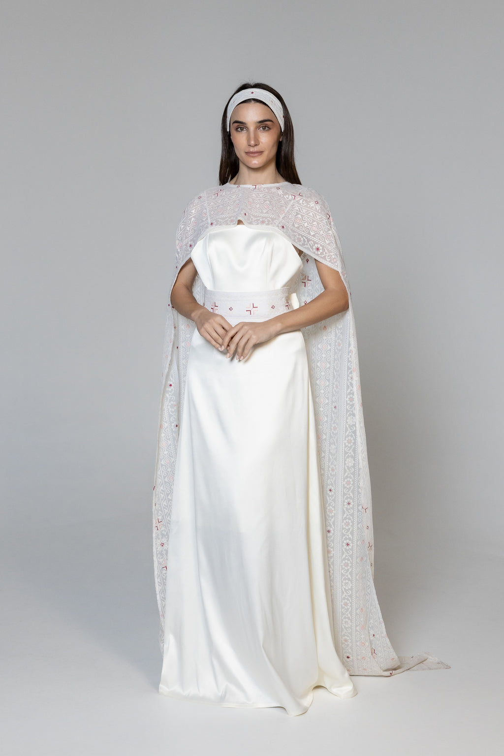 Dress with Embroidered Sheer Cape