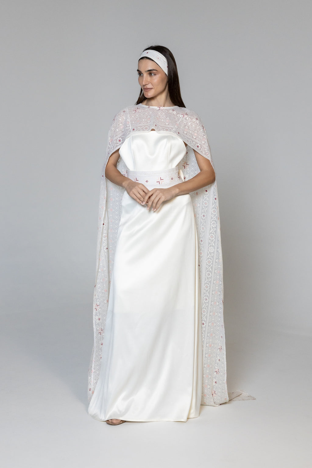 Dress with Embroidered Sheer Cape