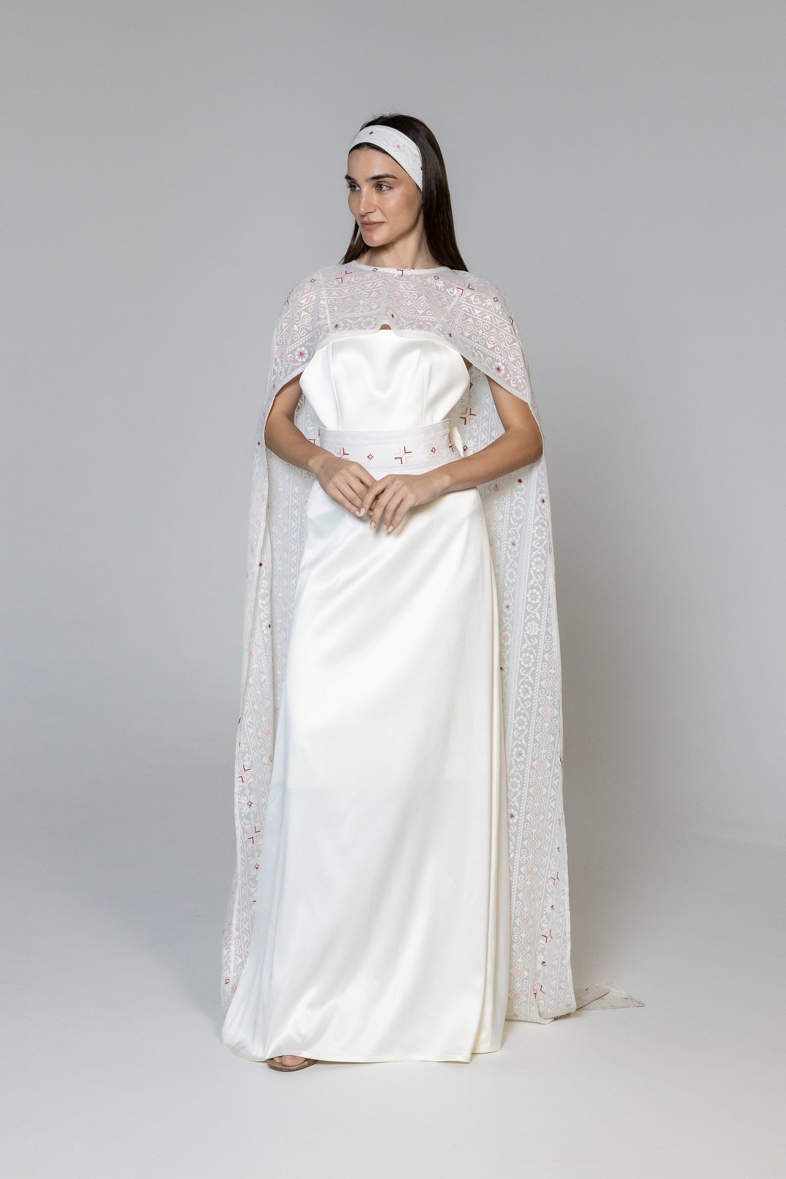 Dress with Embroidered Sheer Cape