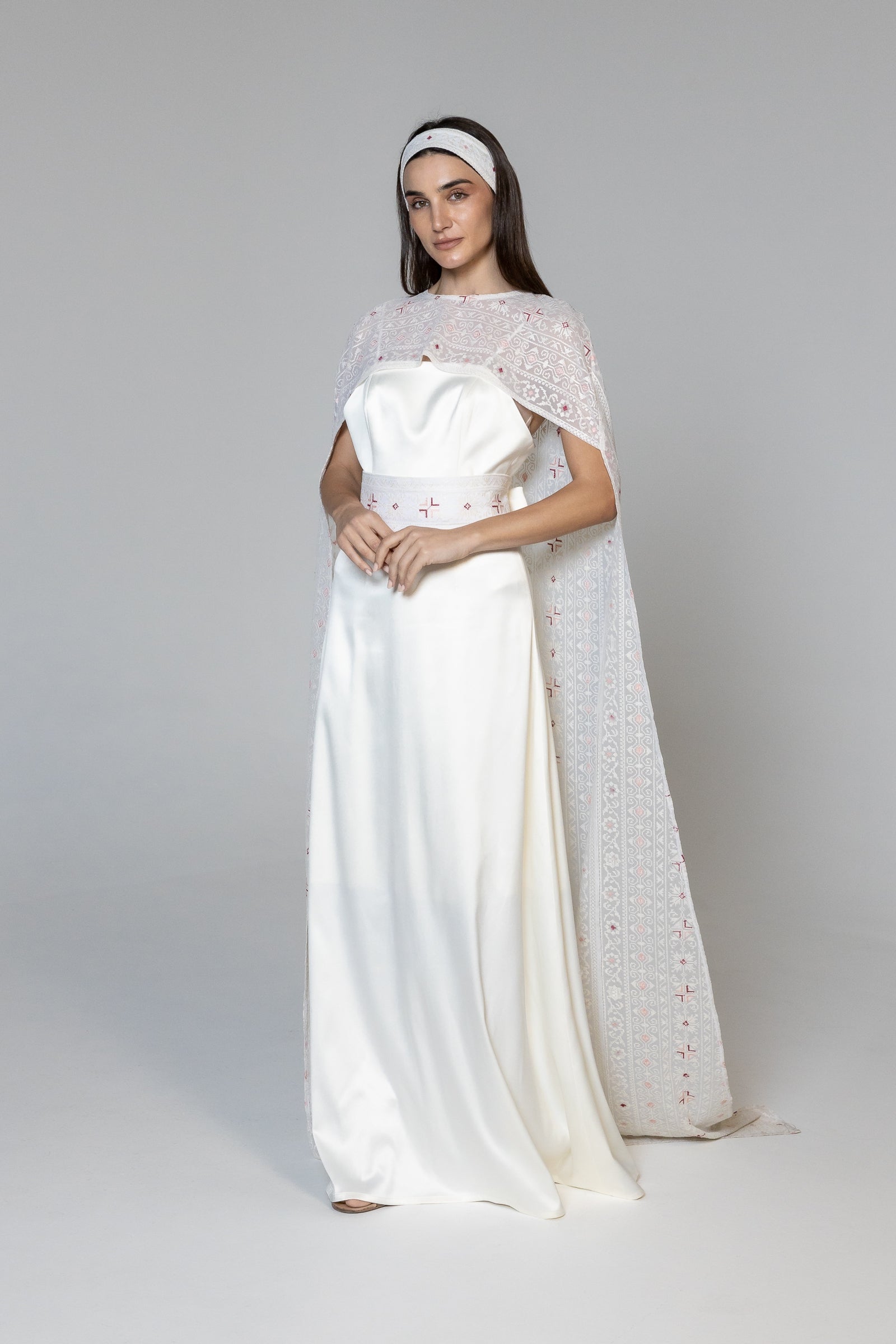 Dress with Embroidered Sheer Cape