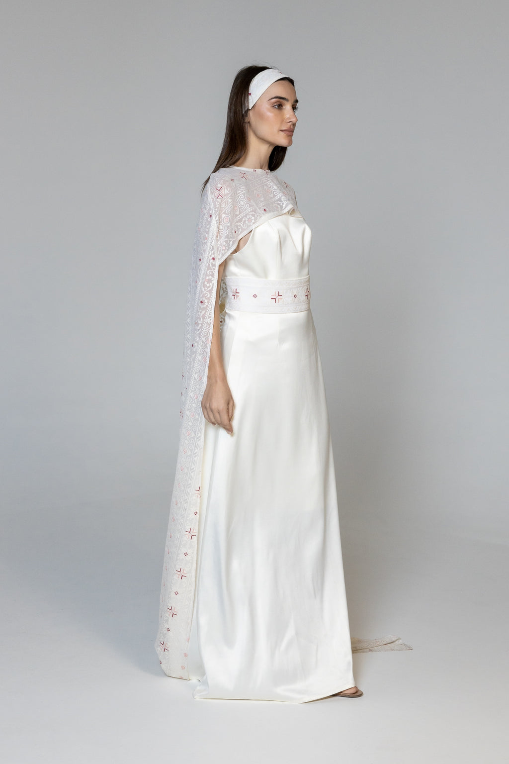Dress with Embroidered Sheer Cape