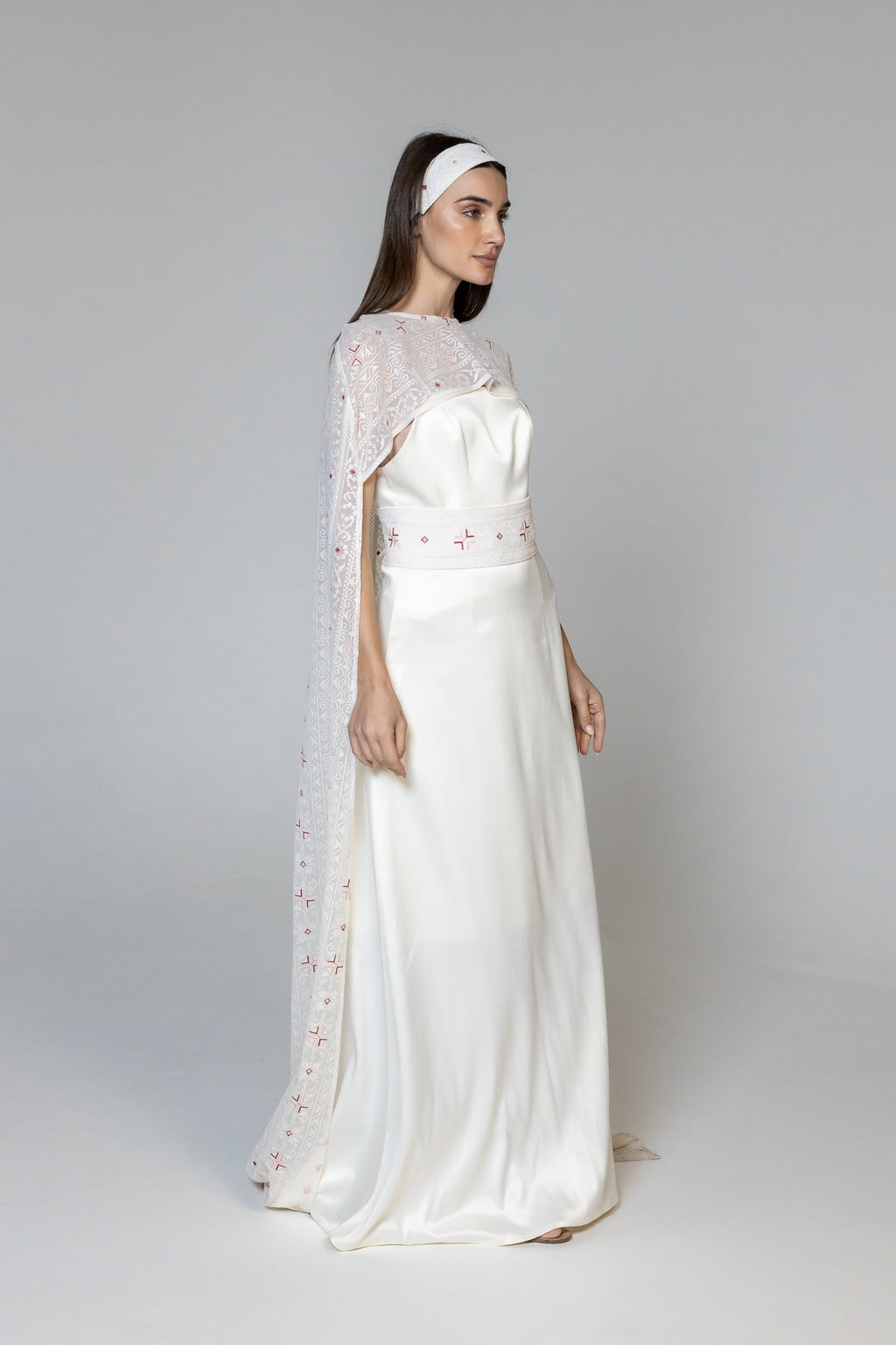 Dress with Embroidered Sheer Cape