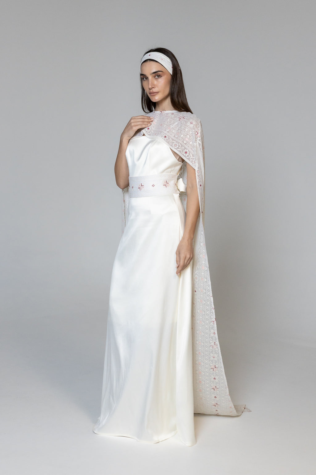 Dress with Embroidered Sheer Cape