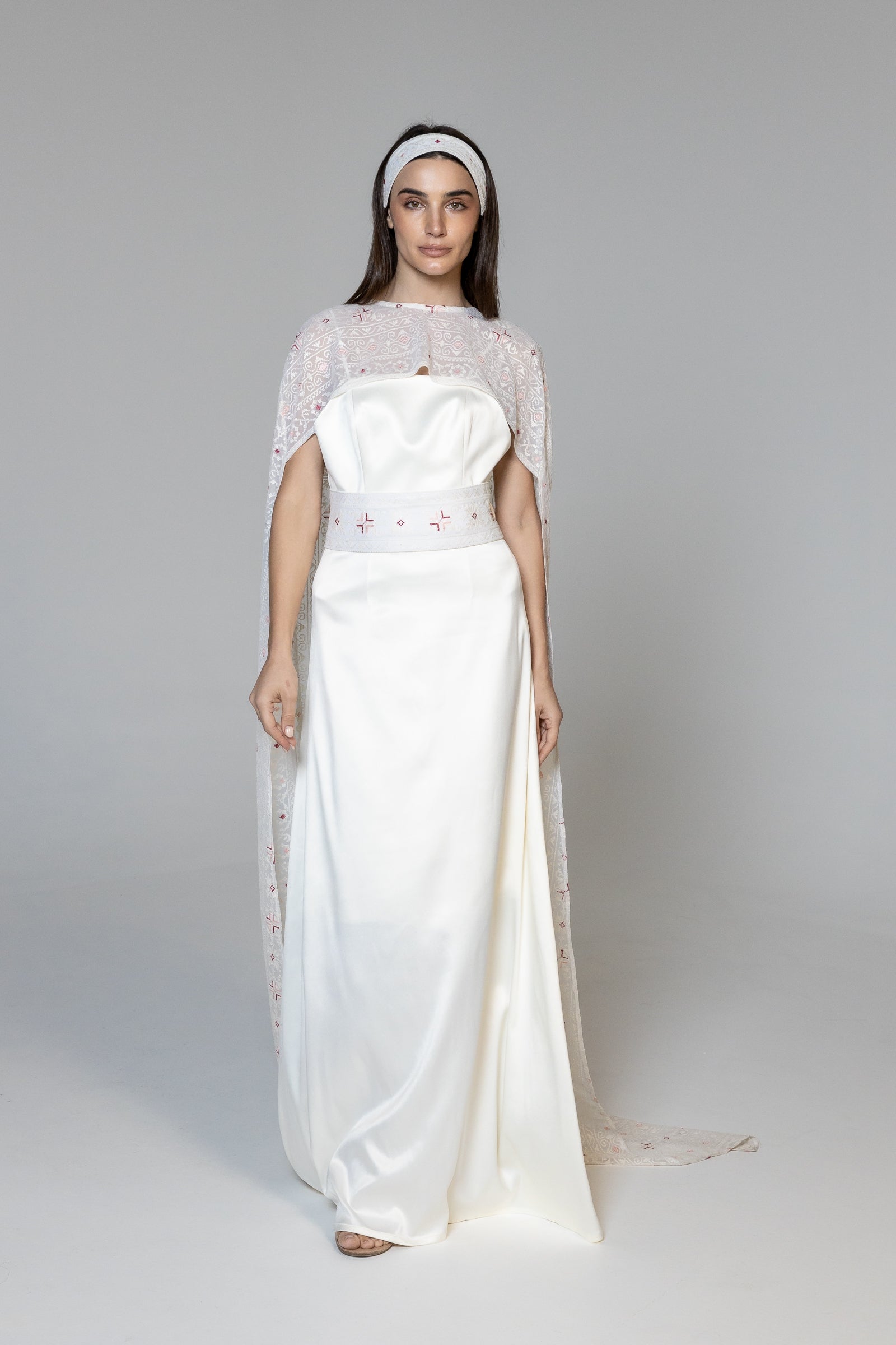 Dress with Embroidered Sheer Cape