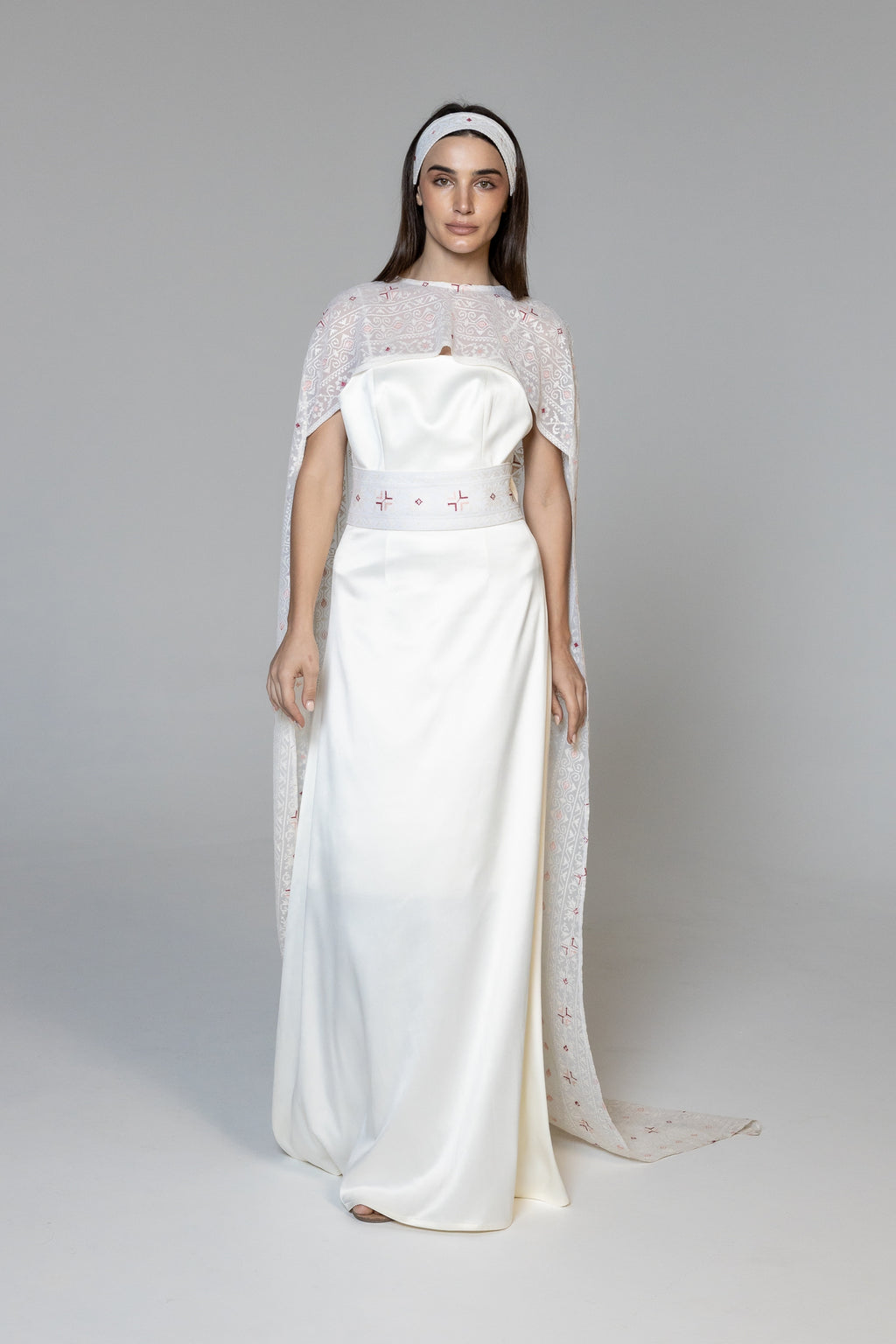 Dress with Embroidered Sheer Cape