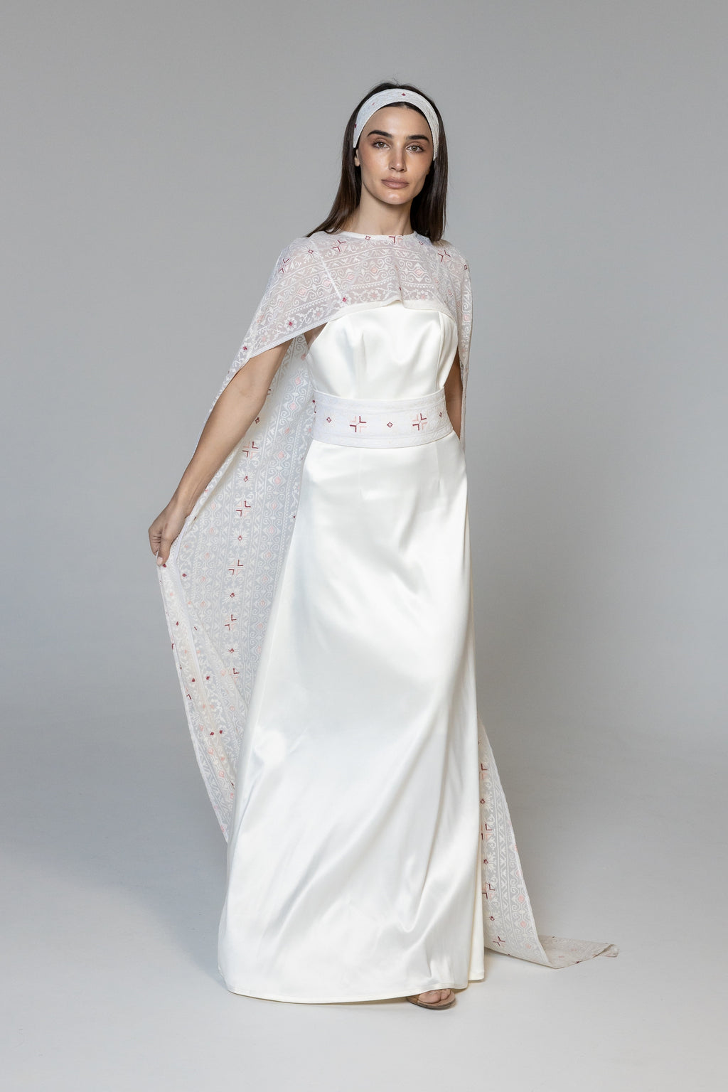 Dress with Embroidered Sheer Cape