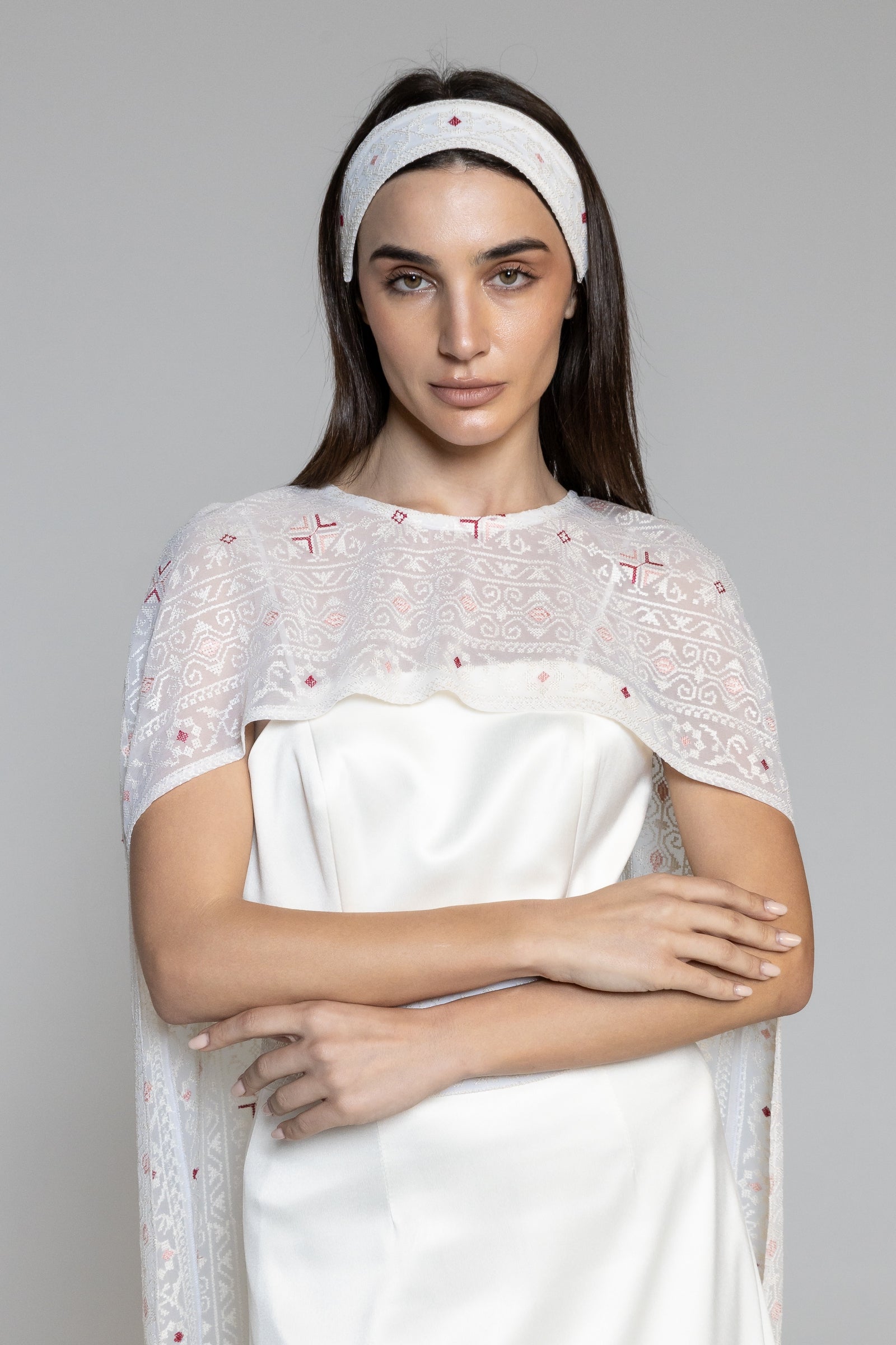 Dress with Embroidered Sheer Cape