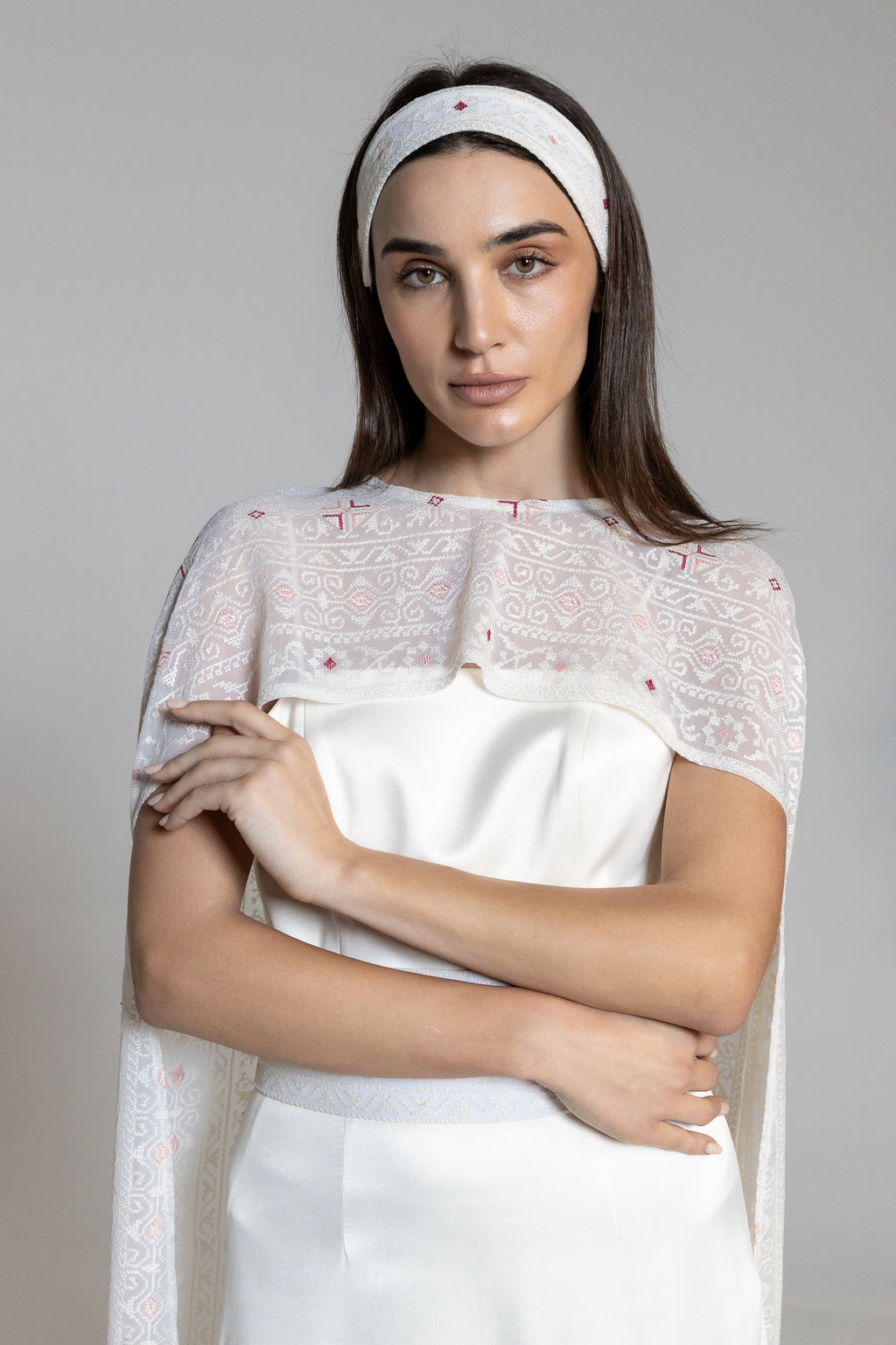 Dress with Embroidered Sheer Cape