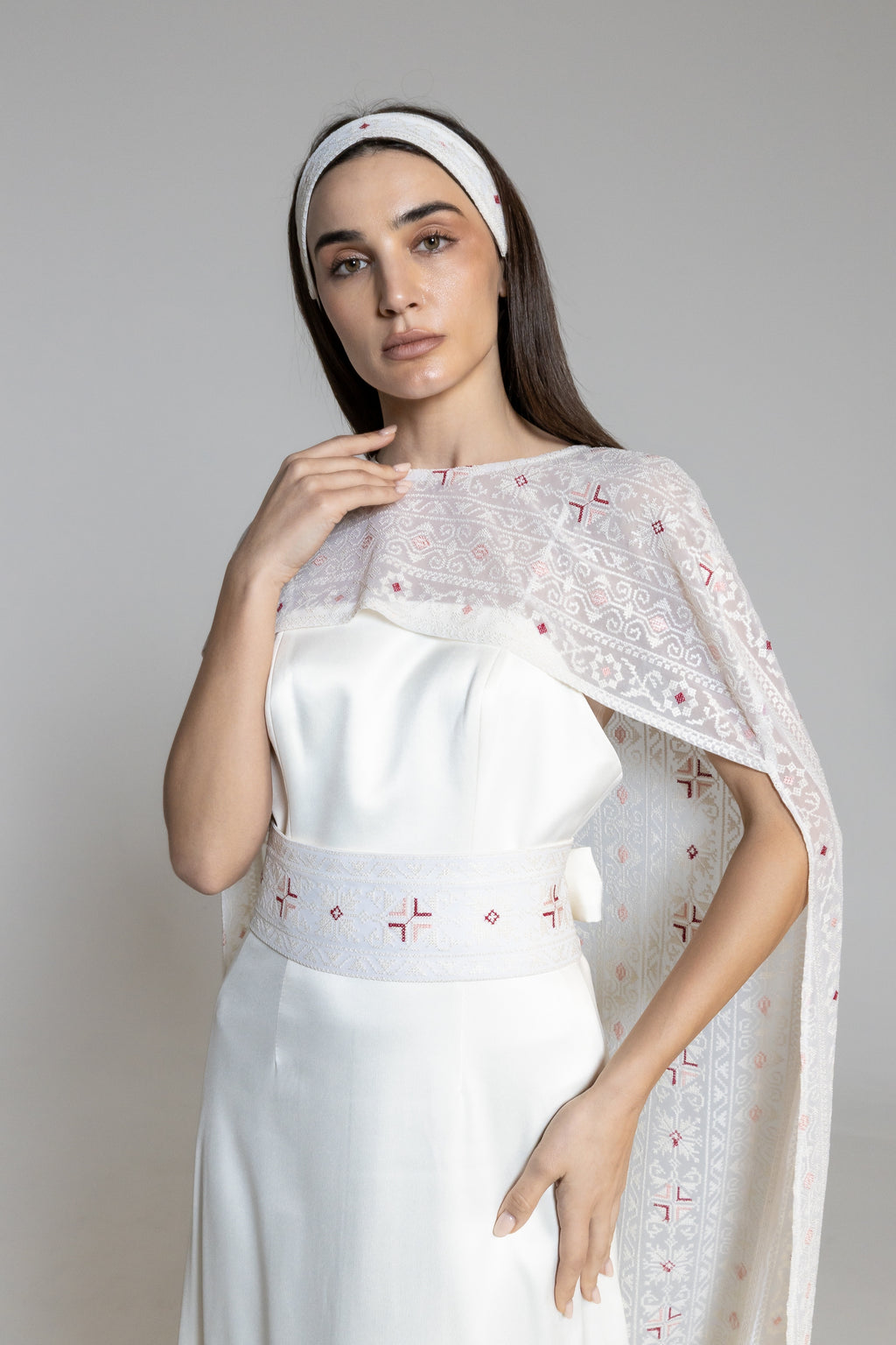 Dress with Embroidered Sheer Cape