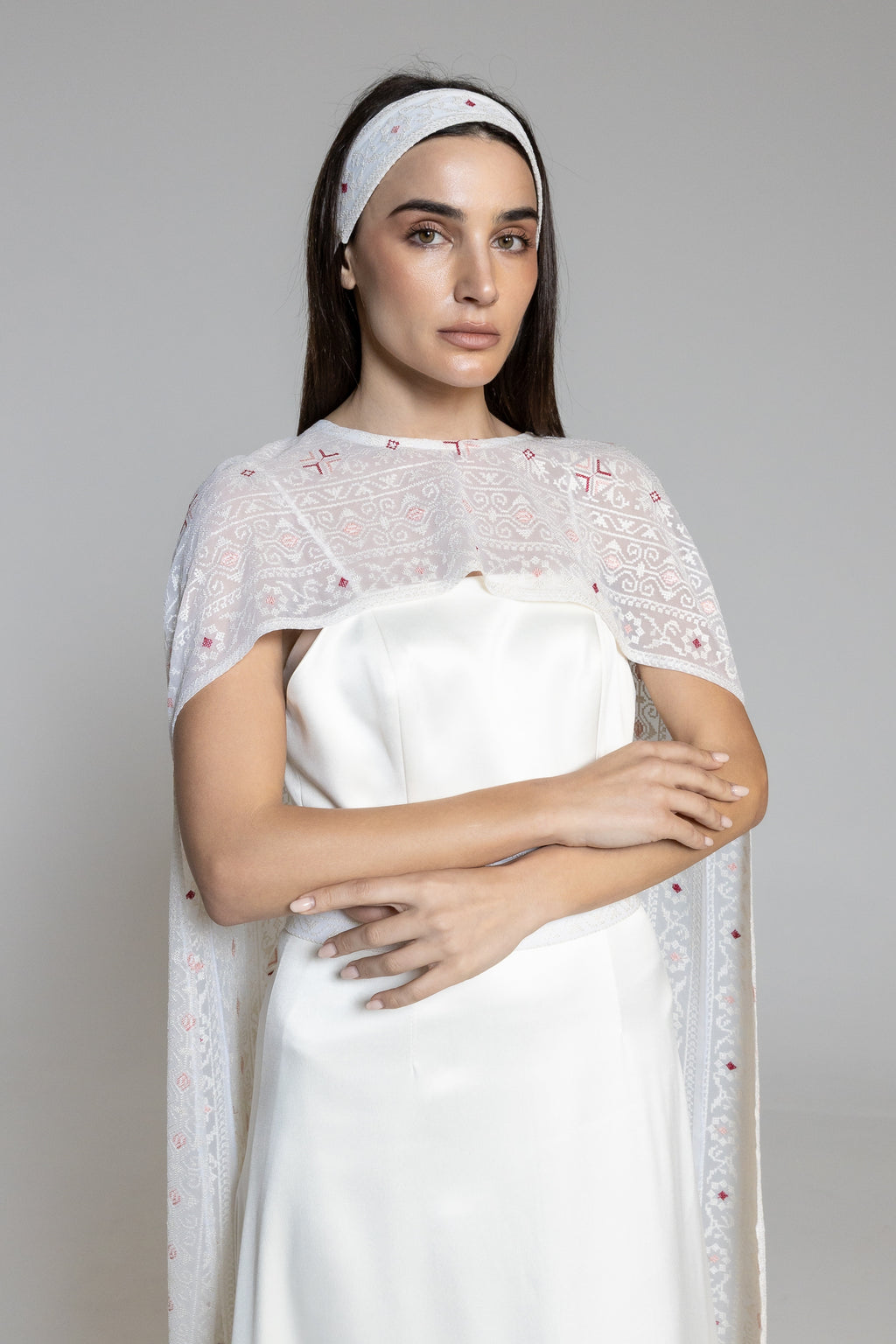 Dress with Embroidered Sheer Cape