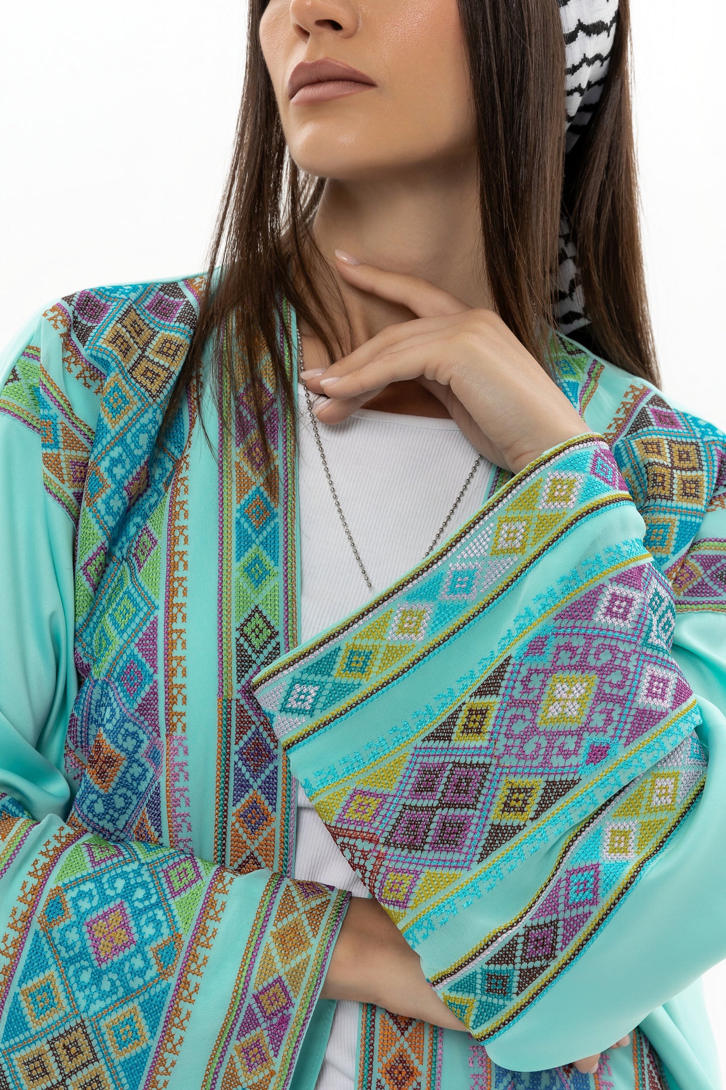 Turquoise open abaya with Tatreez Details