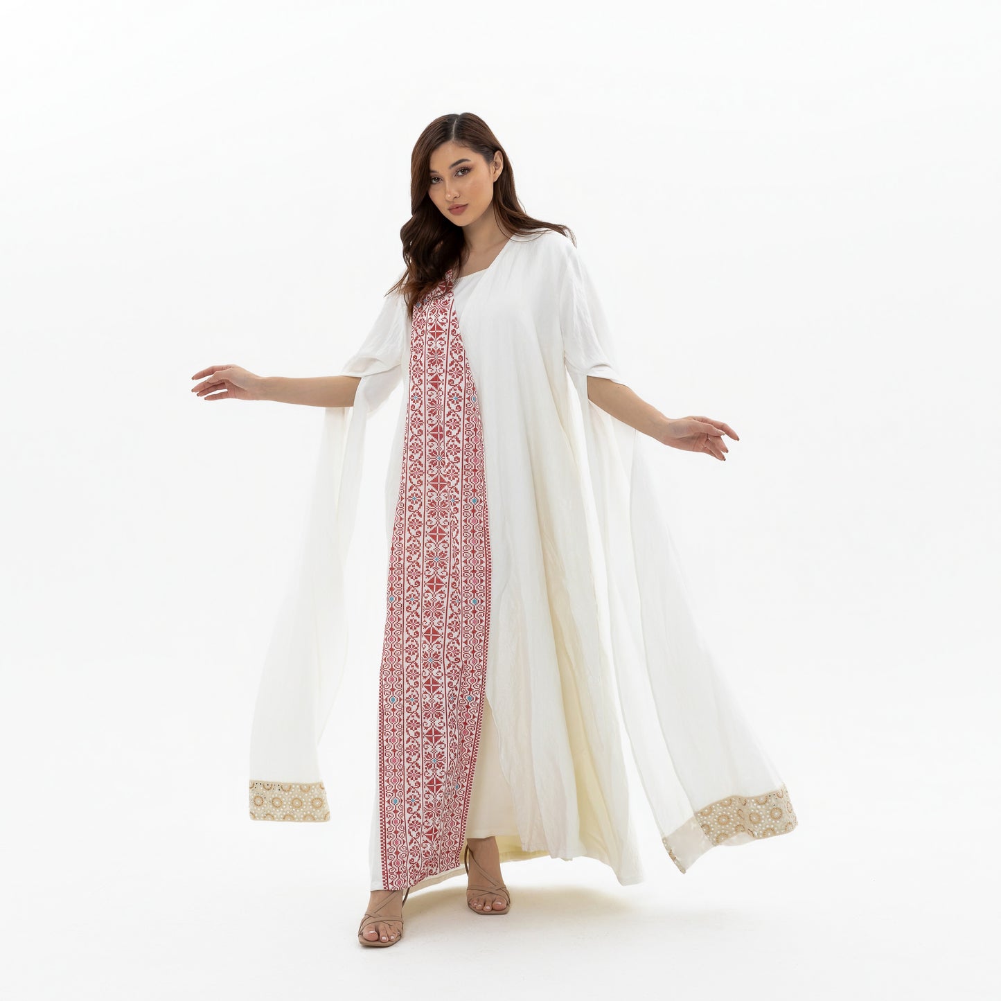 White abaya with Red Embroidery Details