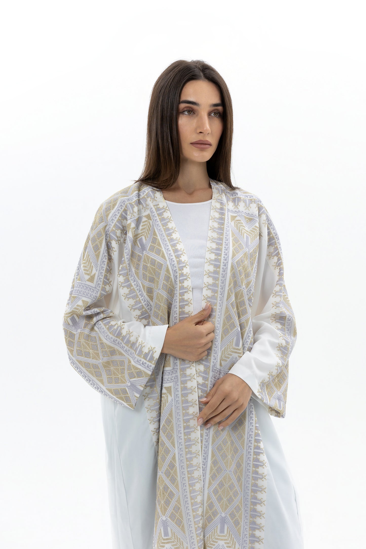 White Abaya with Gold & Silver Tatreez