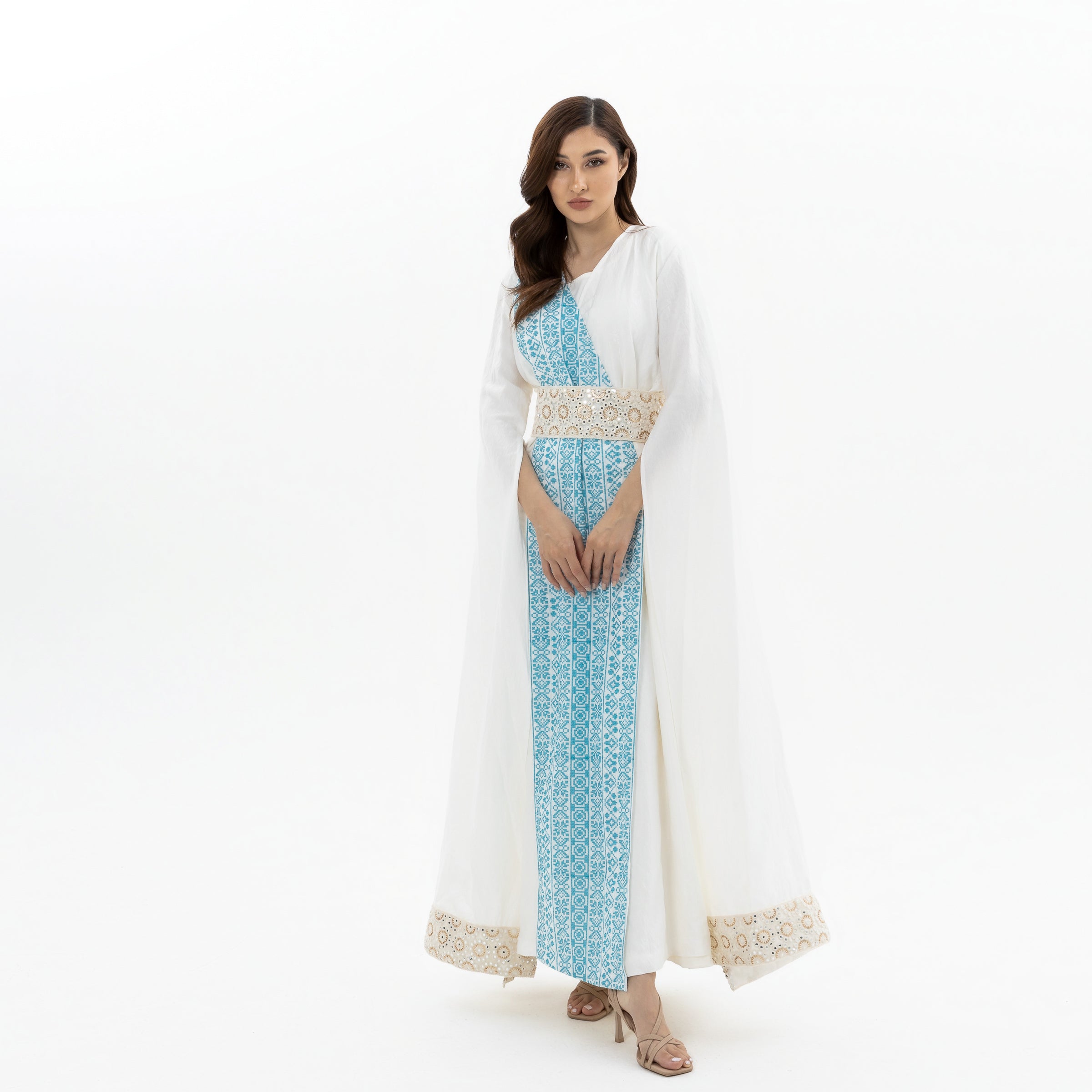 White Abaya with Blue Embroidery Details