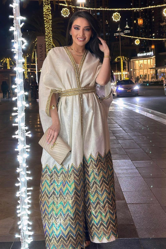 White Sequin Bisht with Embellished Hem