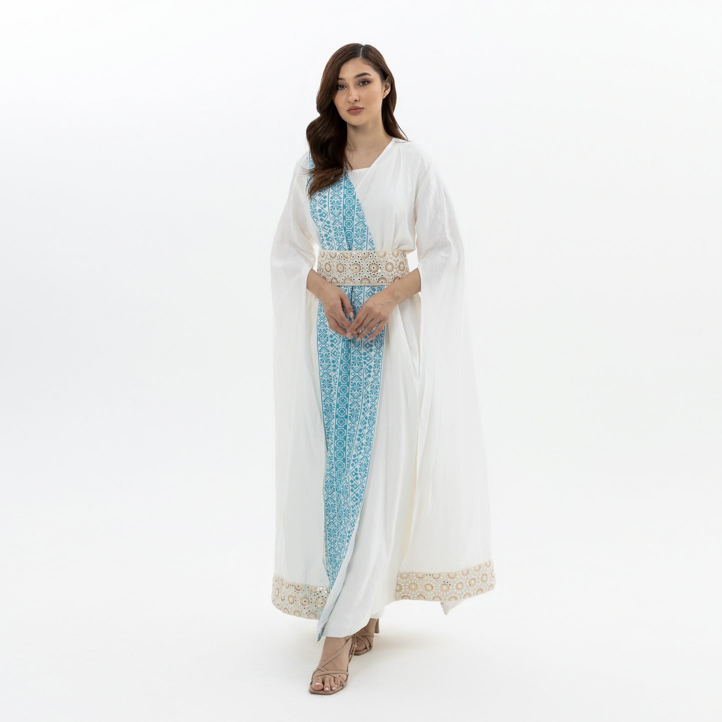 White Abaya with Blue Embroidery Details