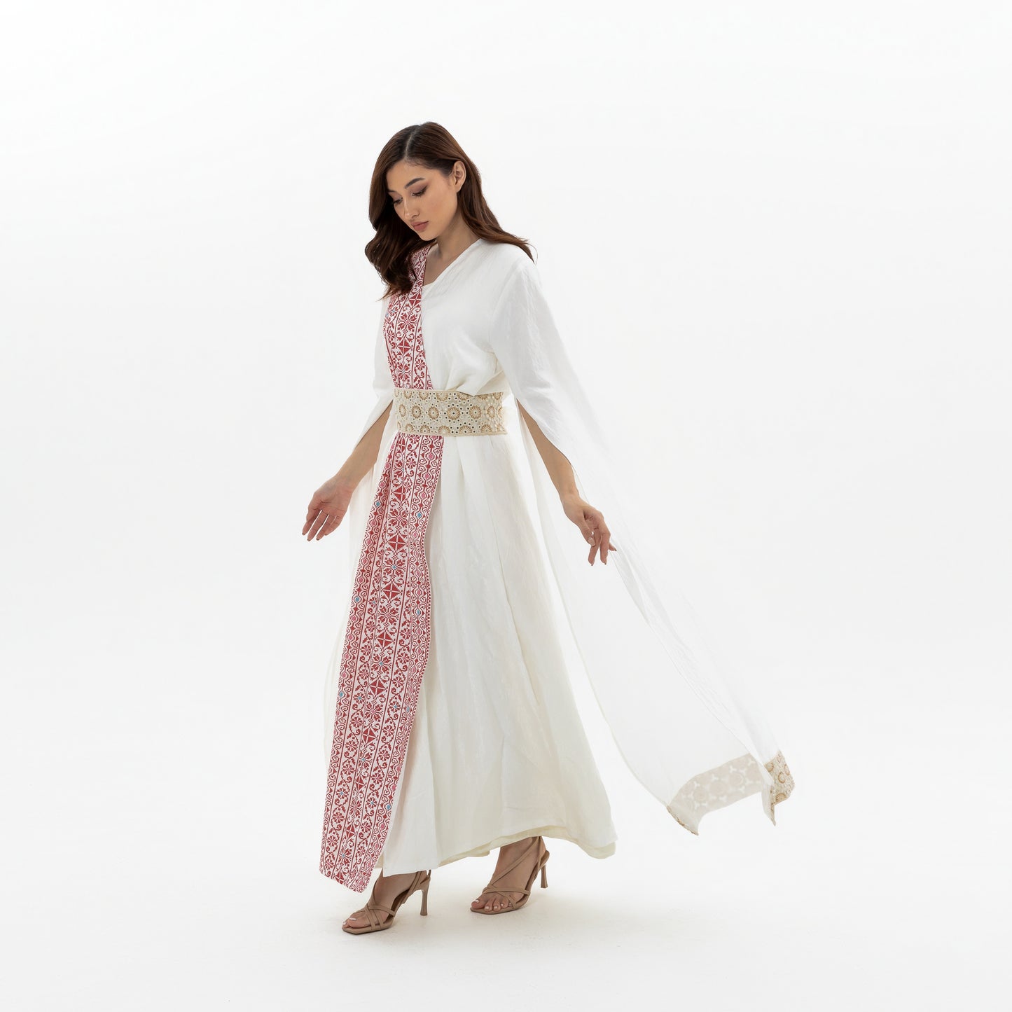 White abaya with Red Embroidery Details