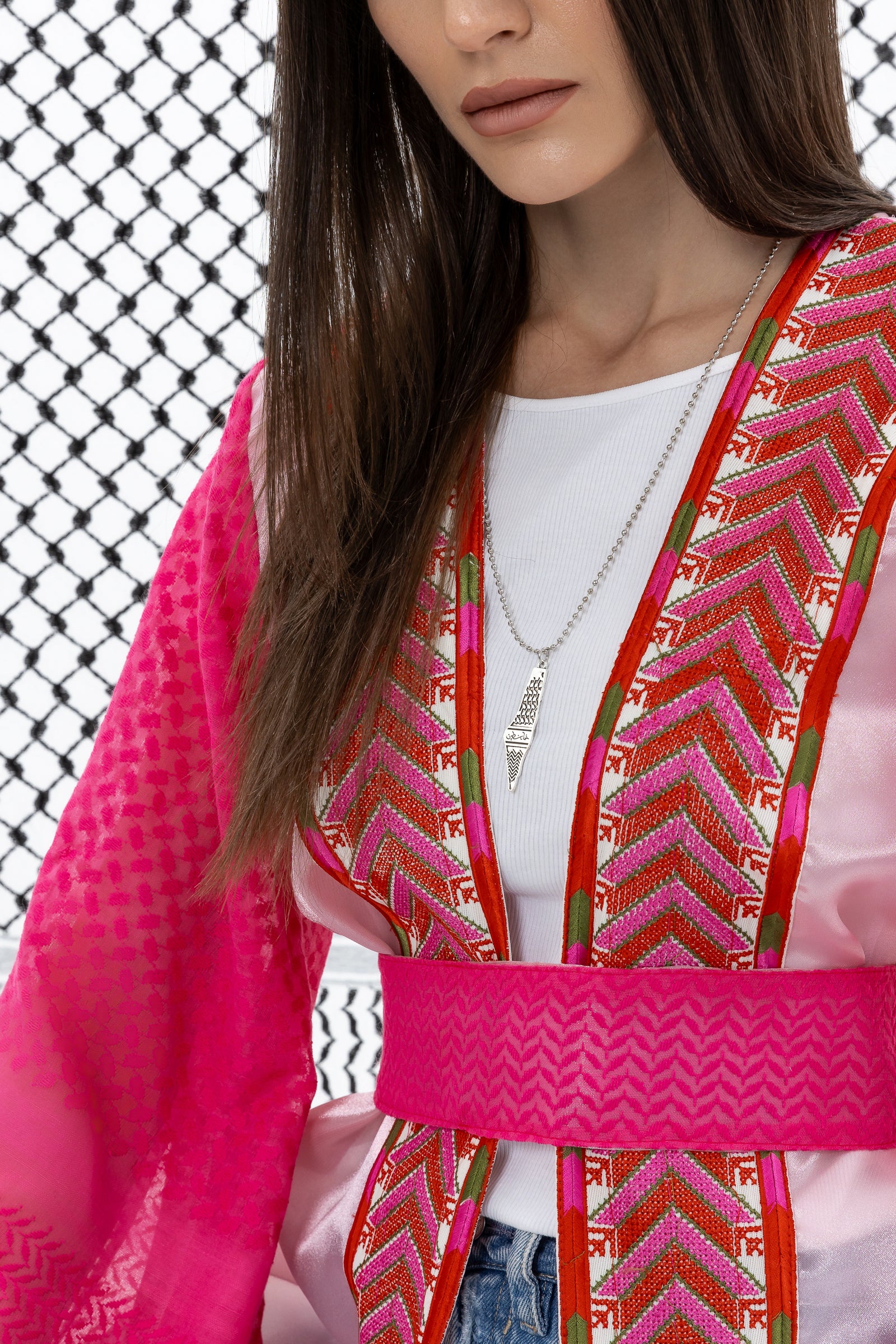 pink keffiyeh dress Vintage keffiyeh dress on Bella hadid, I love this idea as it's very similar to how our pieces are made, except it's vintage with vintage Indian textiles #freepalestine #bellahadid