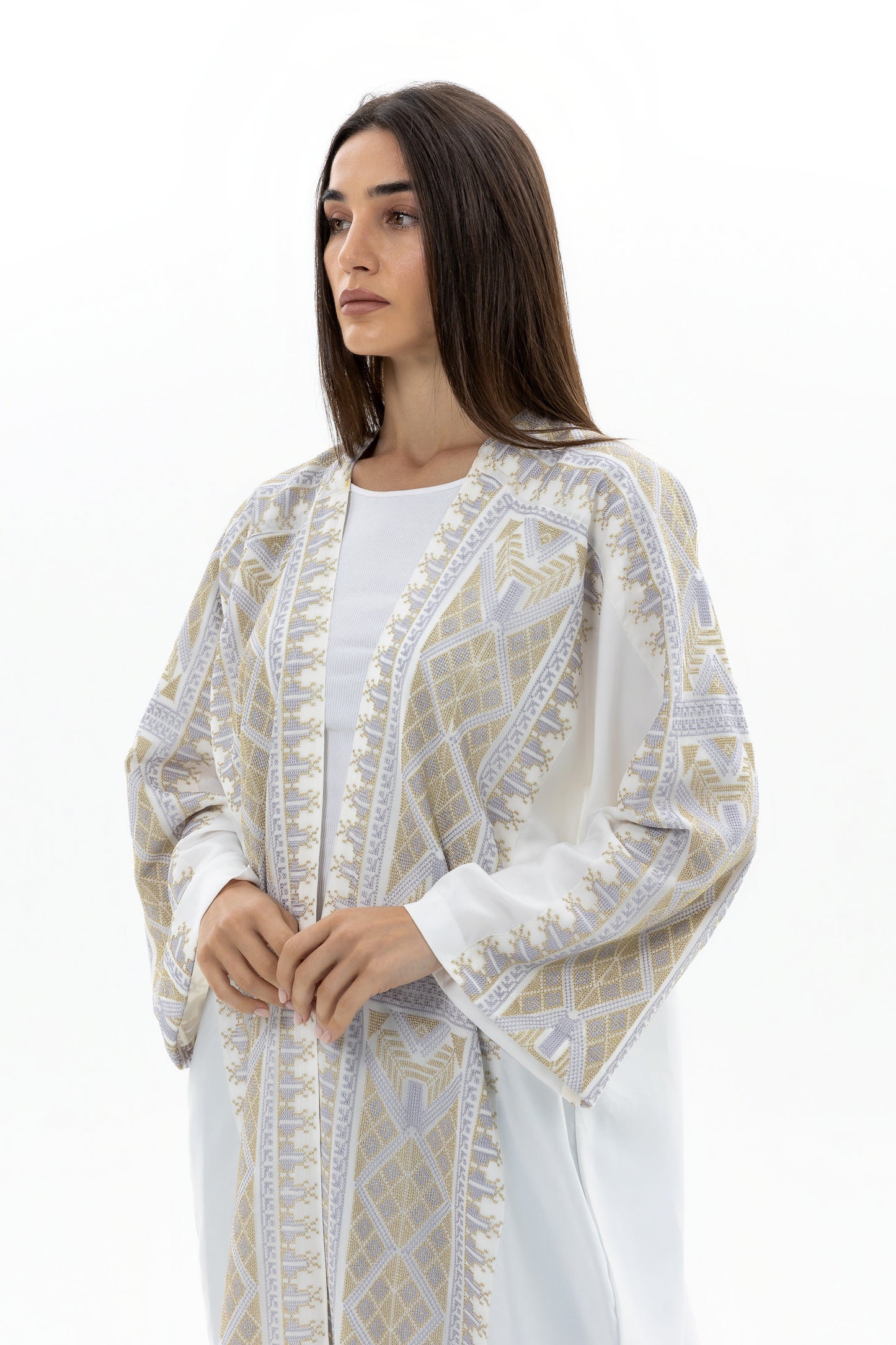 White Abaya with Gold & Silver Tatreez