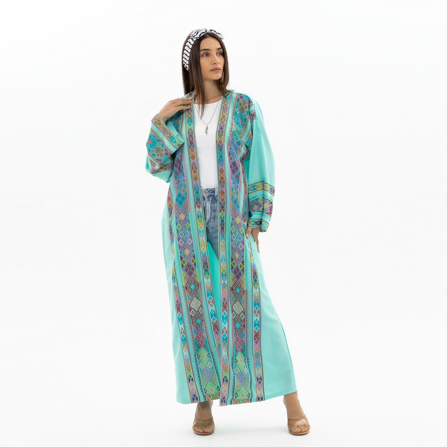 Turquoise open abaya with Tatreez Details