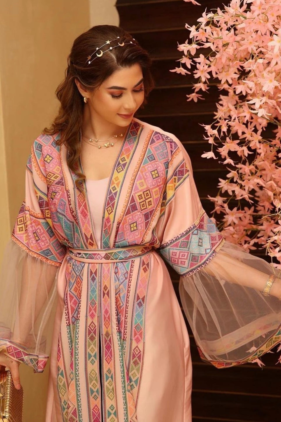 Pink Abaya with Palestinian Modern Tatreez