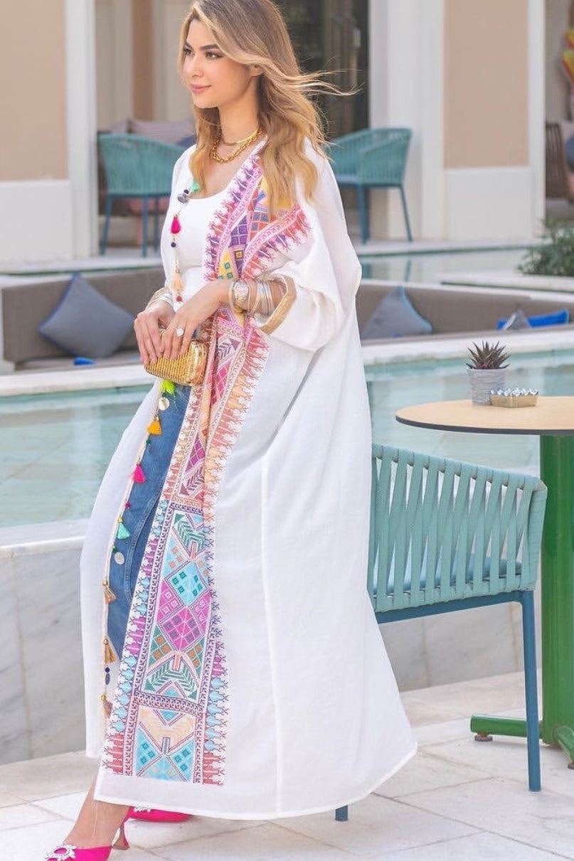 Adult White Abaya with Tatreez & Tassles