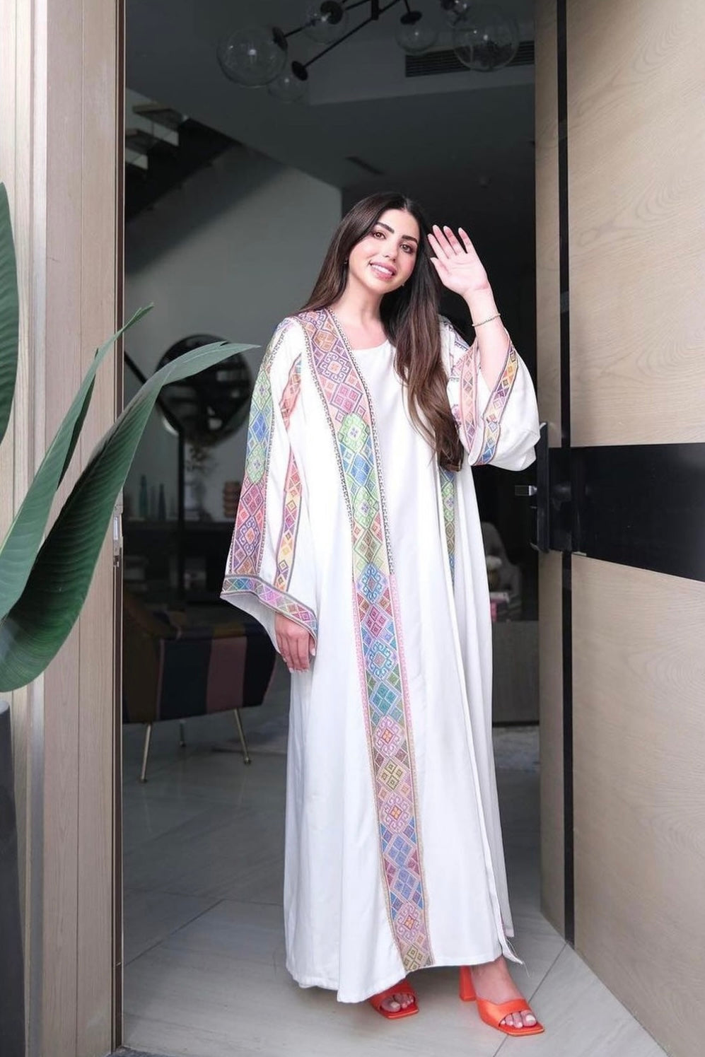 White Elegant Signature Abaya with Palestinian Colorful Tatreez