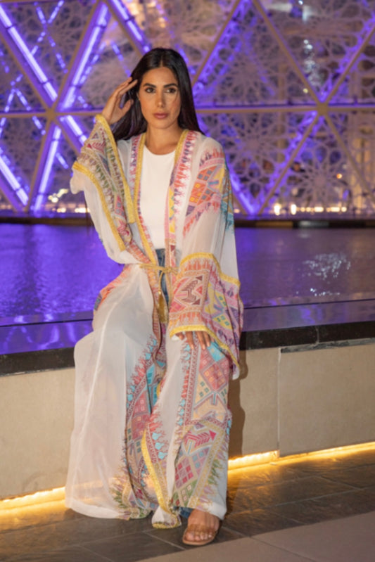 Chiffon White Elegant Signature Abaya with Palestinian Colorful Tatreez