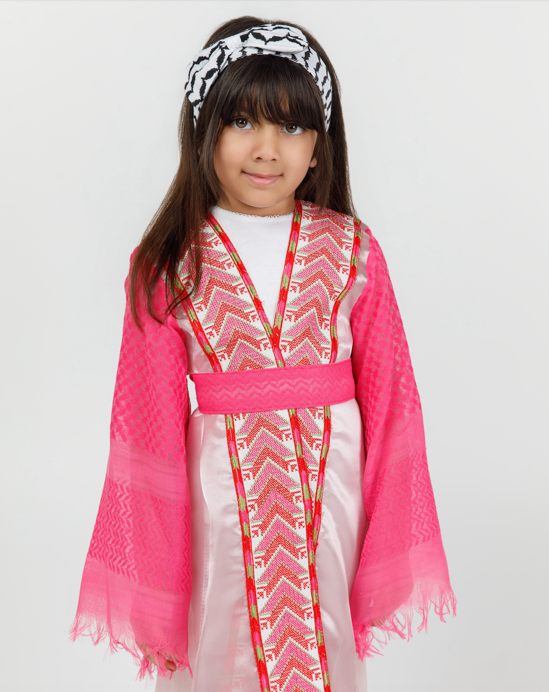 Kids Pink Abaya with Keffiyeh Sleeves