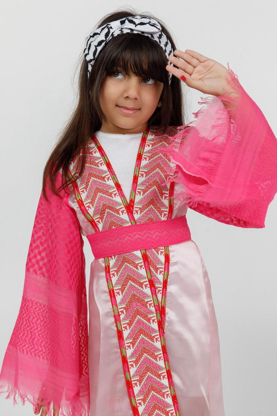 Kids Pink Abaya with Keffiyeh Sleeves