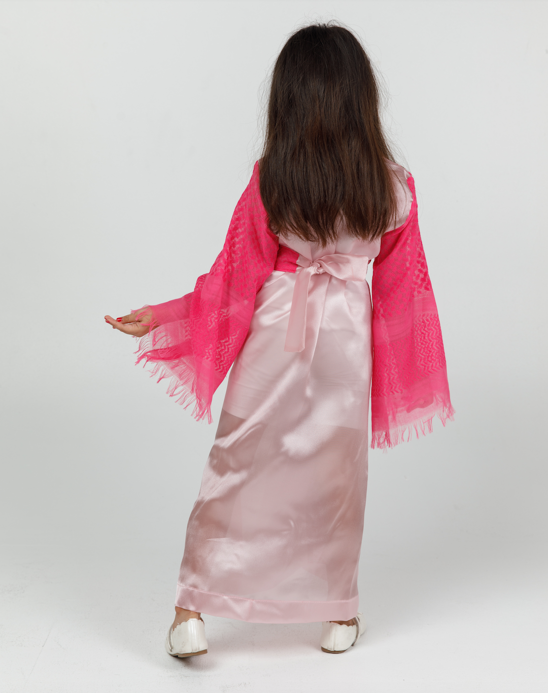 Kids Pink Abaya with Keffiyeh Sleeves