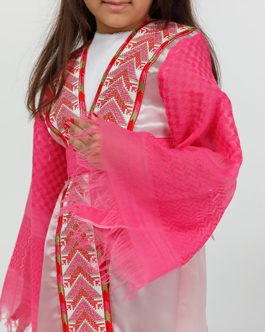 Kids Pink Abaya with Keffiyeh Sleeves