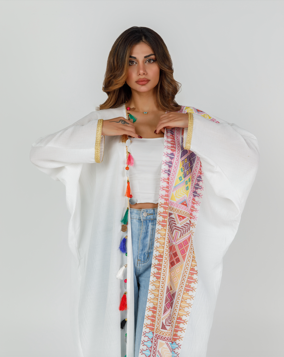 Adult White Abaya with Tatreez & Tassles