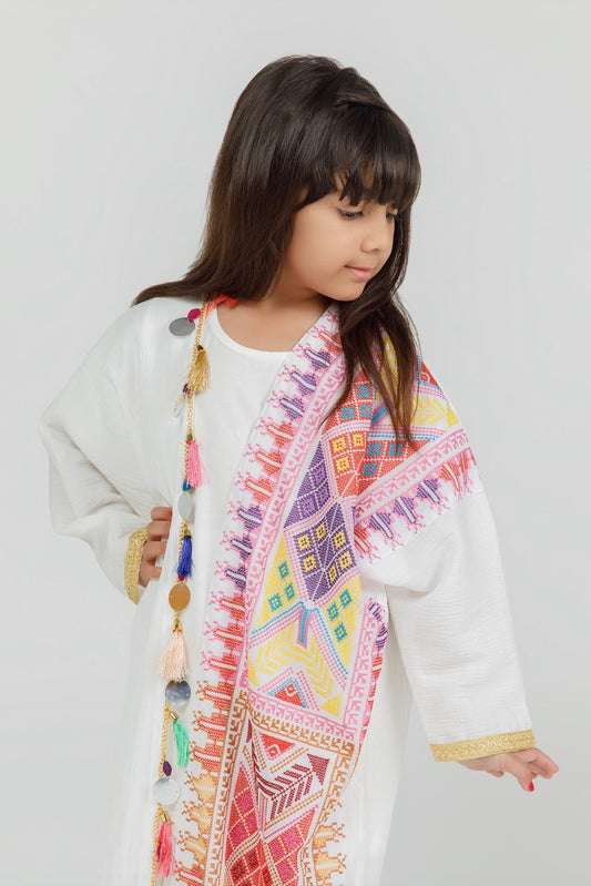 Kids White Abaya with Tatreez & Tassles