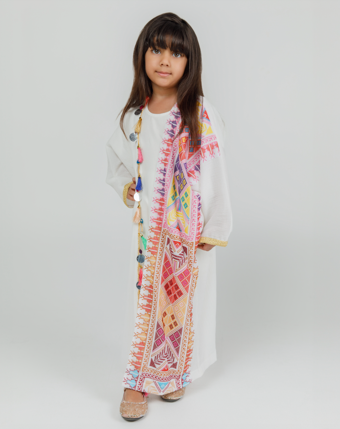 Kids White Abaya with Tatreez & Tassles