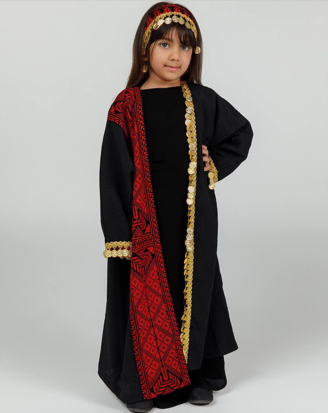 Kids Black Abaya with Tatreez & Coins