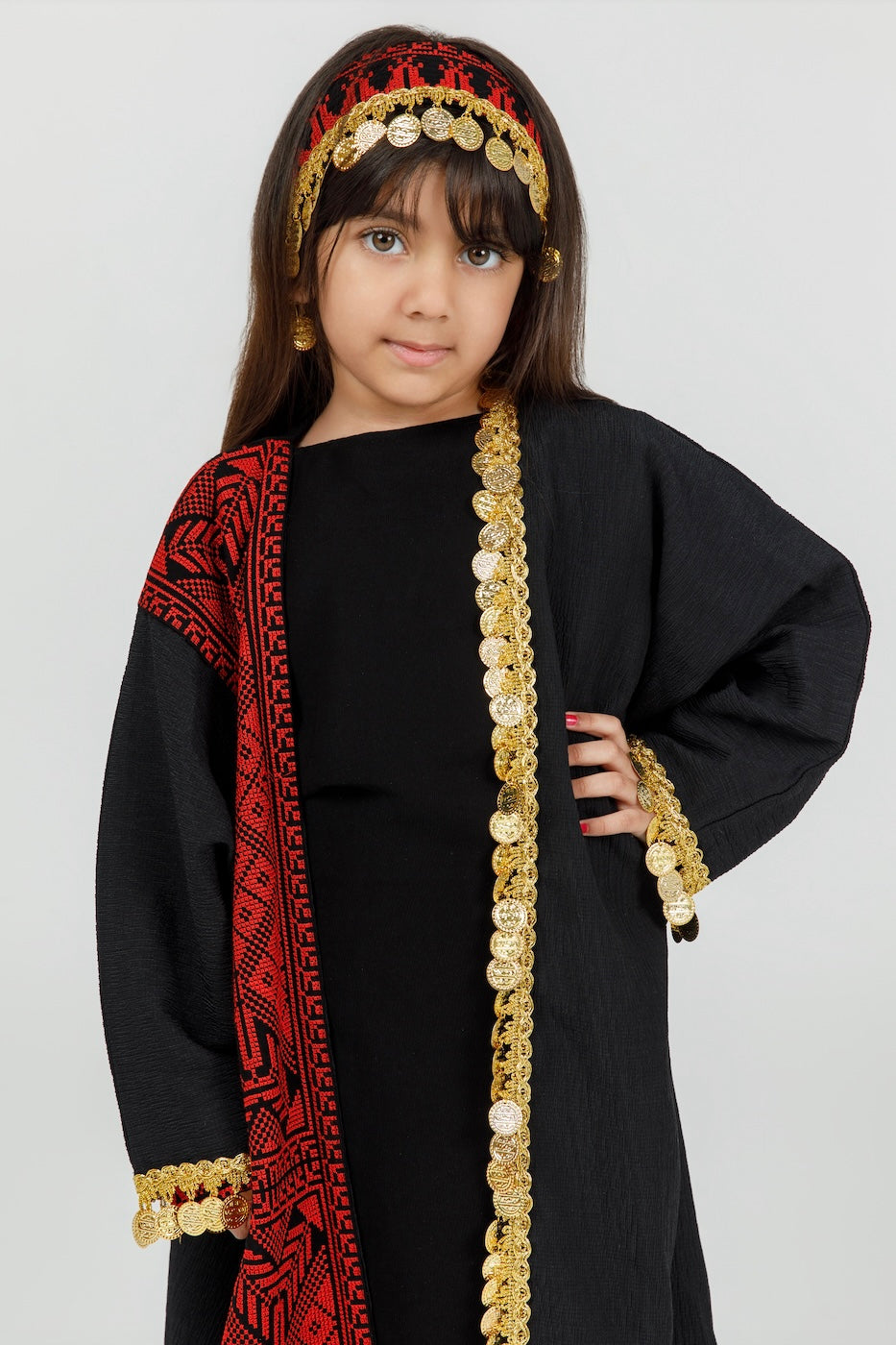 Kids Black Abaya with Tatreez & Coins