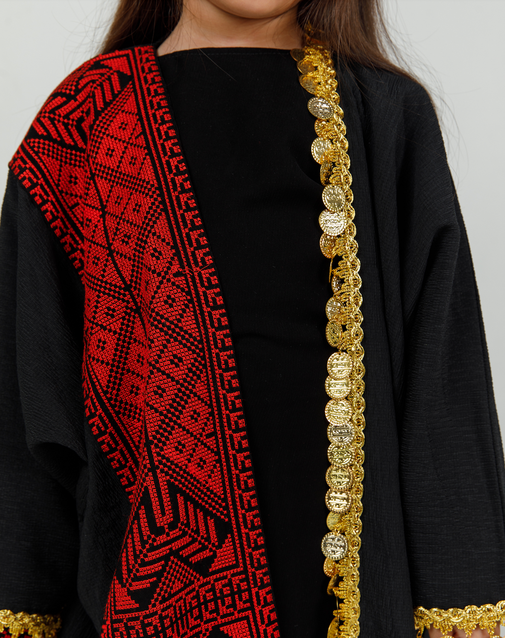 Kids Black Abaya with Tatreez & Coins