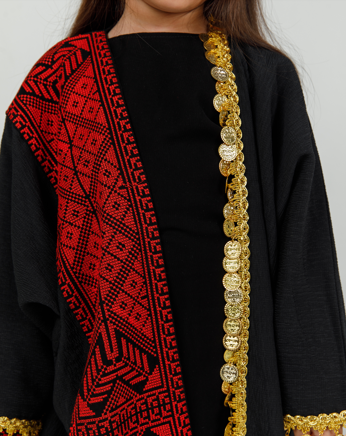 Kids Black Abaya with Tatreez & Coins