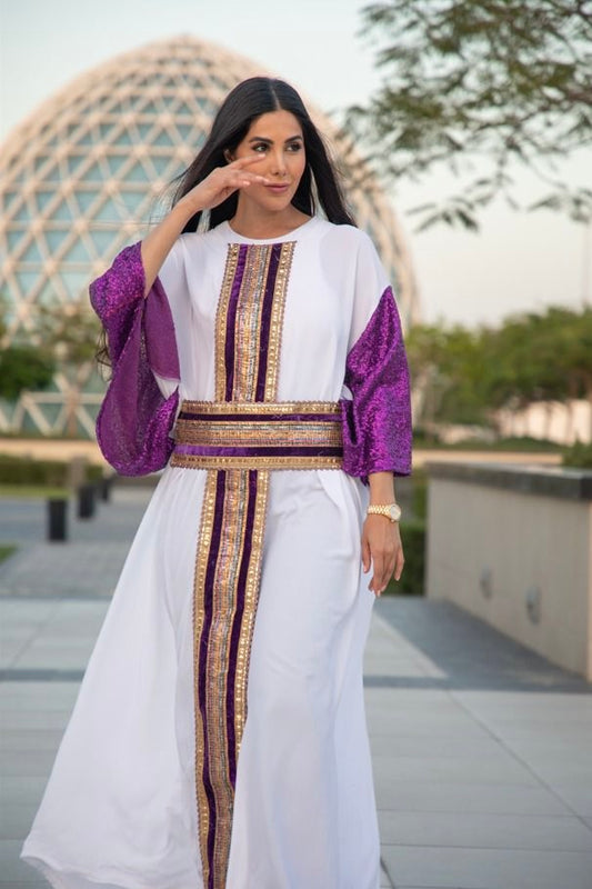 White Closed Kaftan with Purple Glittery Sleeves