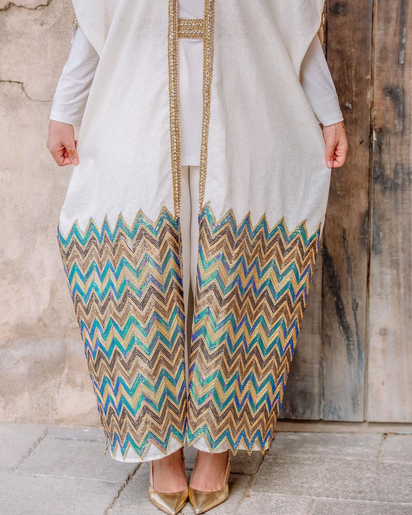 White Sequin Bisht with Embellished Hem