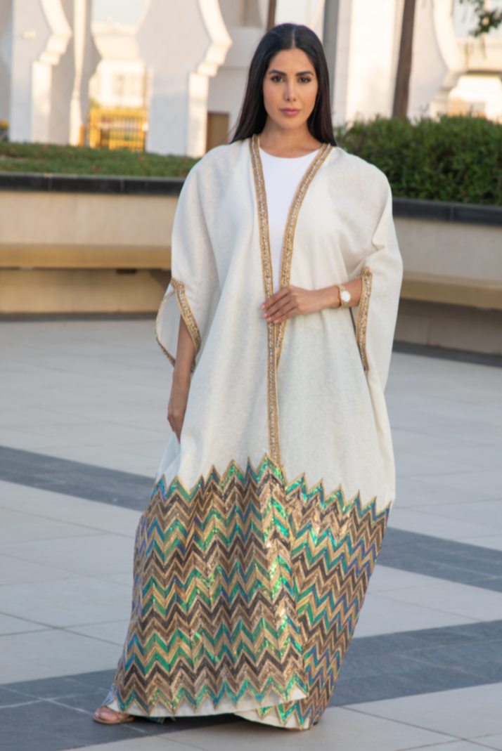 White Sequin Bisht with Embellished Hem