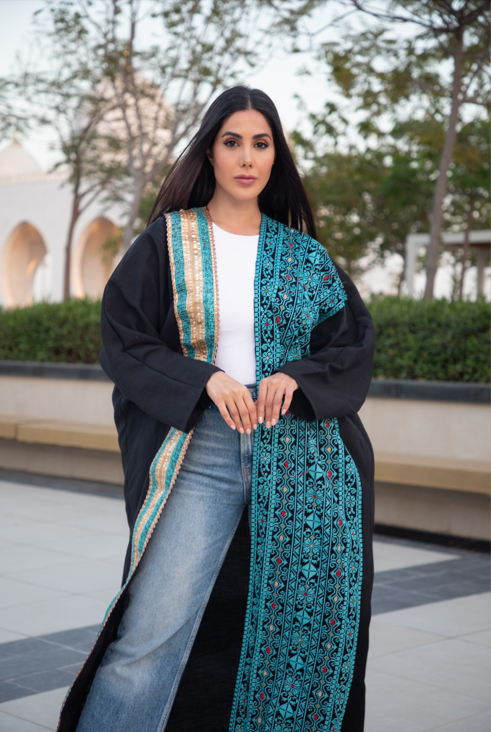 Blue & Black Abaya with Modern Palestinian Tatreez