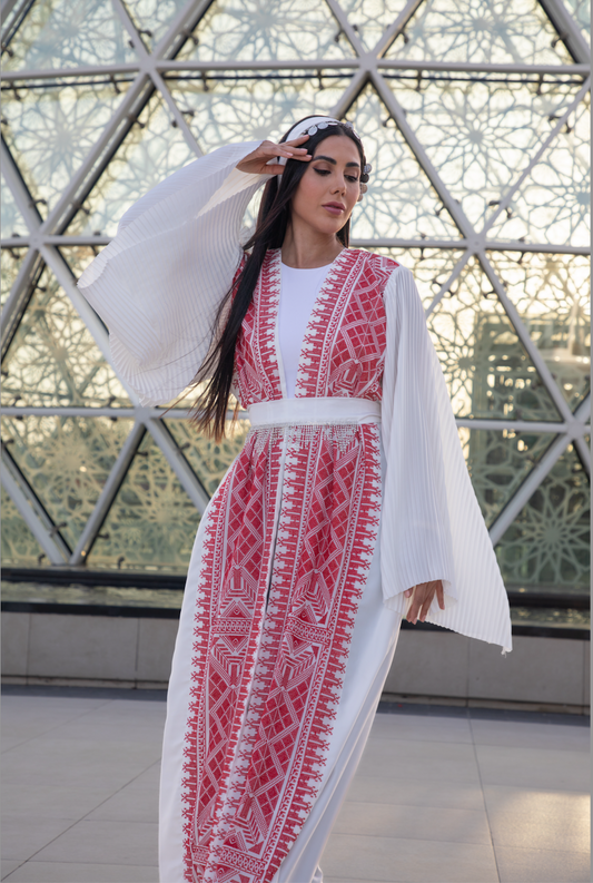 White Abaya with Red Palestinian Tatreez