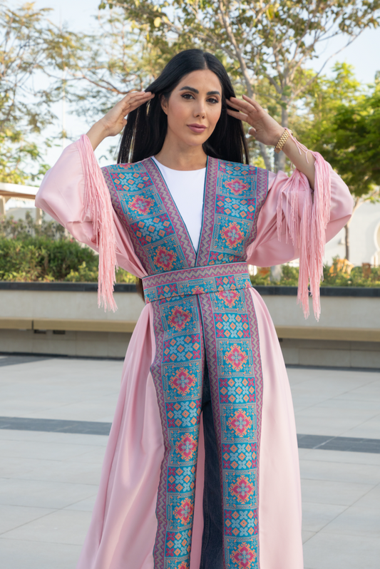 Fringe-Detailed Pink Tatreez Bisht