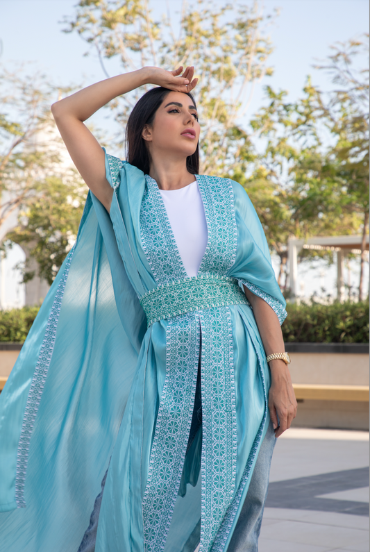 Turquoise Cape with Palestinian Tatreez