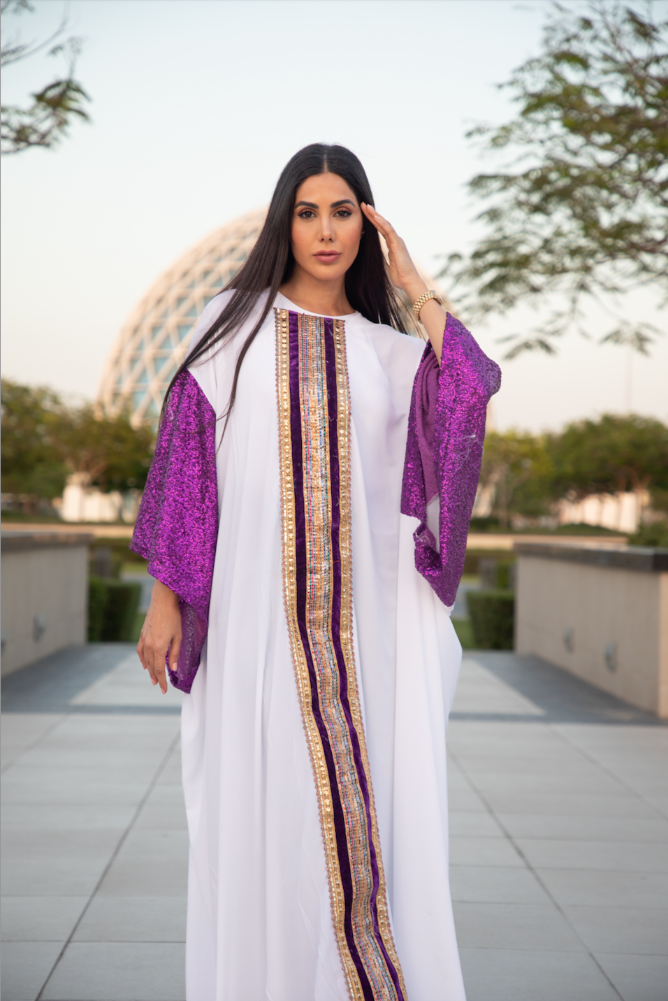 White Closed Kaftan with Purple Glittery Sleeves